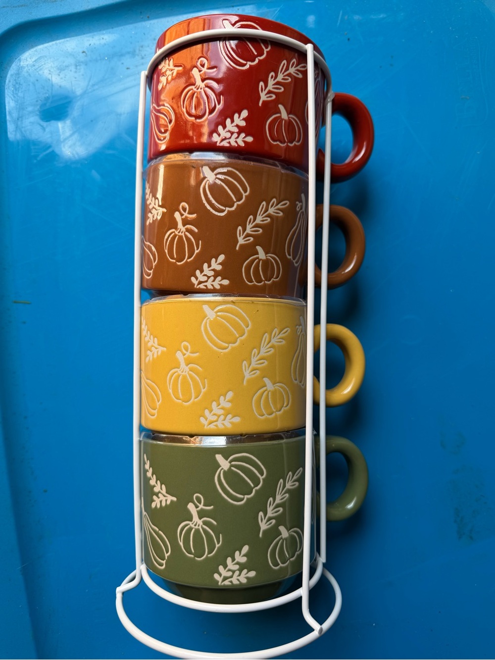 Hobby Lobby Autumn Pumpkin Stackable Mug Set in Red, Brown, Yellow, Green